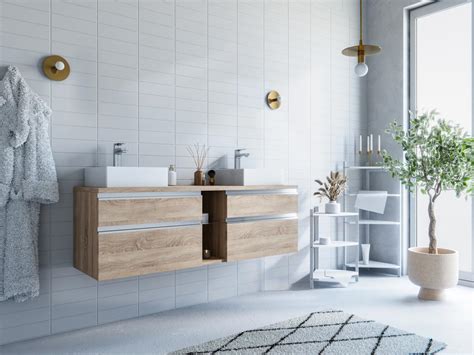 Mobile Per Bagno Sospeso Con Lavabo Doppio 150 Cm Naturale Chiaro MAGDALENA