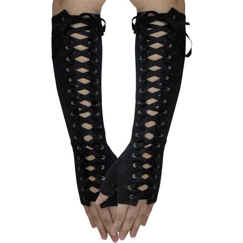 Black Full Length Fingerless Lace Up Arm Warmer Gloves Fingerless