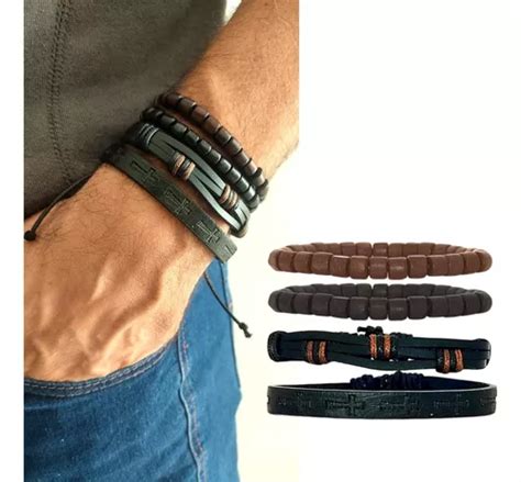 Combo Pulseiras Masculinas Couro Contas Regul Vel C