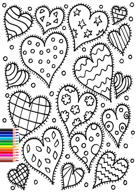 Happy Hearts Coloring Page For Adults And Kids Love Coloring Page Instant