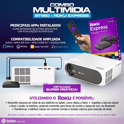 Projetor Led Bt Full Hd Roku Express Smart Wifi Betec Brasil