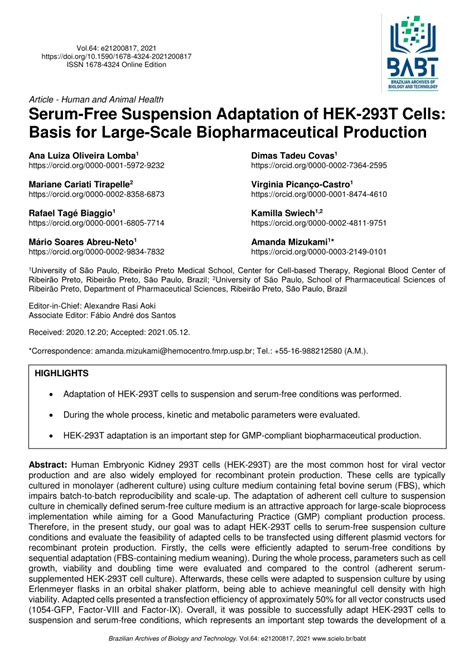 PDF Serum Free Suspension Adaptation Of HEK 293T Cells Basis For