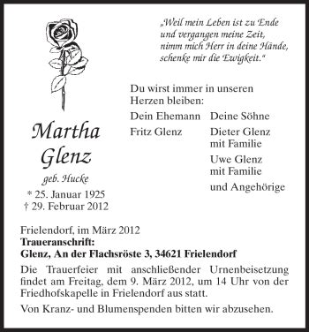 Traueranzeigen Von Martha Glenz Trauer HNA De