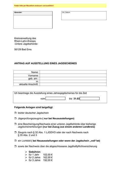 Antrag Auf Austellung Eines Jagdscheines Rhein Lahn Info