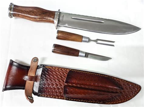 American Hunter Bowie Knife Set Brown Leather Belt Sheath Stainless ...