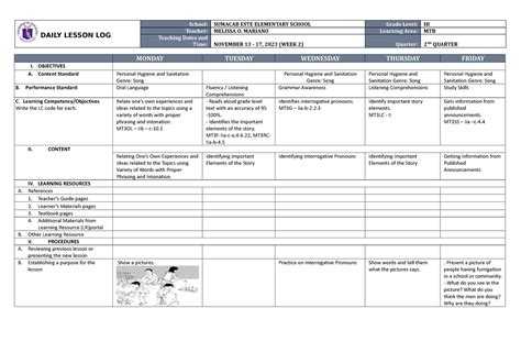 Dll Mtb 3 Q2 W2 Gfgfg Daily Lesson Log School Sumacab Este Elementary School Grade Level