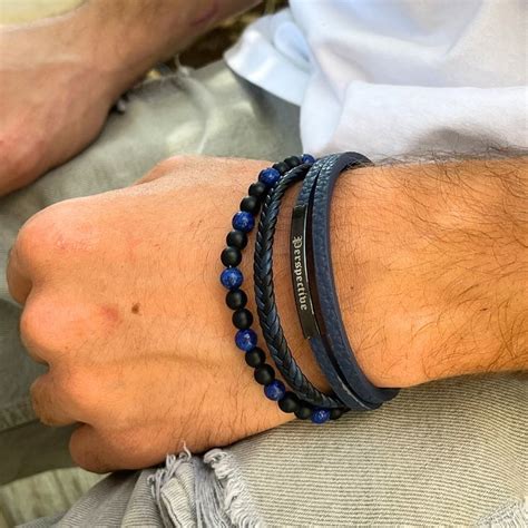 Blue Engraved Leather Bracelets For Men Onecklace