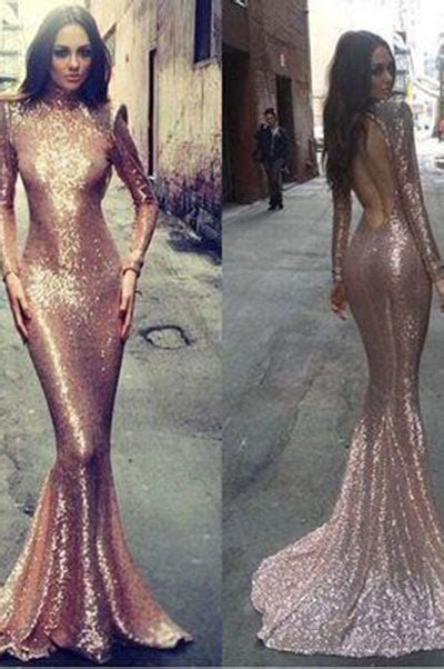 Long Sleeve Mermaid Prom Dressrose Gold Prom Dressessequin Prom