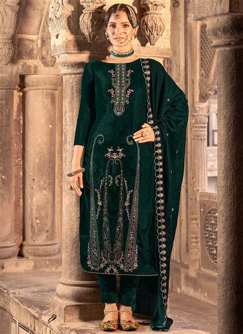 Buy Green Velvet Embroidered Straight Pant Suit Party Wear Online At