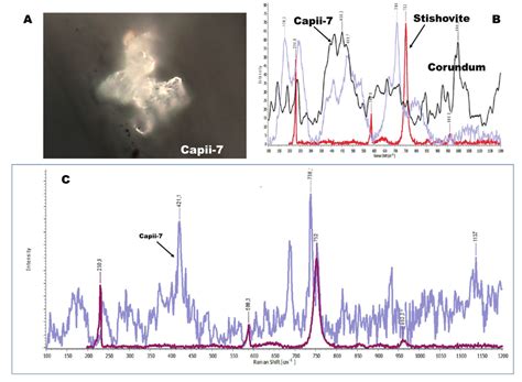 -A. Photomicrograph of stishovite inclusion in Capii-7 and the Raman ...