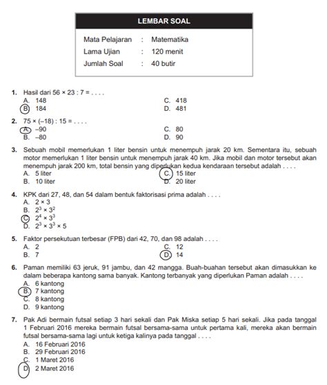 Contoh Soal Usbn Matematika Sd