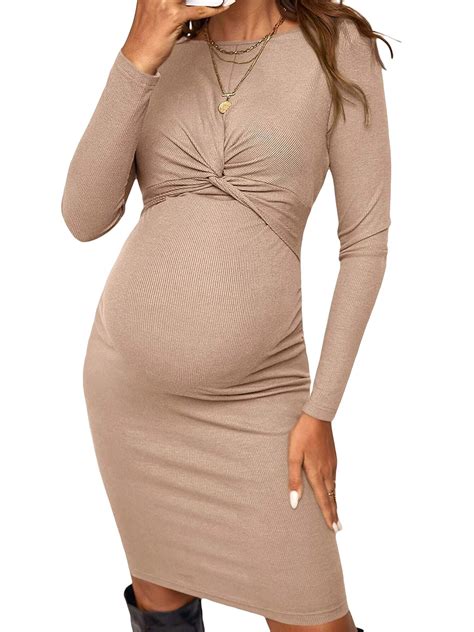 Biekopu Women S Summer Bodycon Maternity Dress Long Sleeve Round Neck