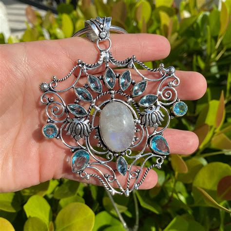 Unique Large Natural Moonstone Pendant Sterling Silver Blue Topaz