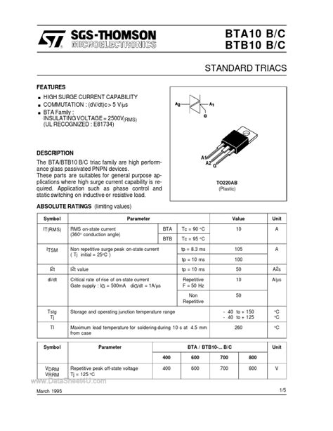 BTA10 800C ST Microelectronics Triacs Hoja de datos Ficha técnica