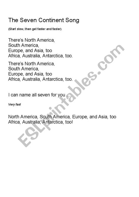 7 Continents Song Printable