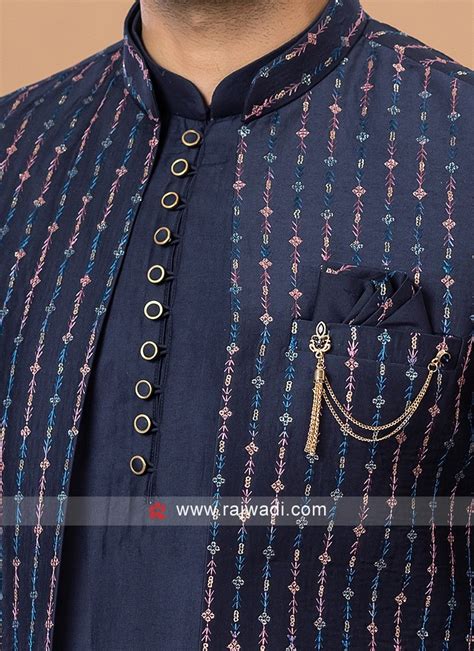 Navy Blue Embroidered Nehru Jacket Set