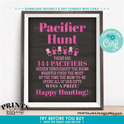 Baby Shower Pacifier Hunt Game Sign Pacifier Scavenger Hunt Custom