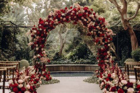 Un Arco De Boda Con Flores Rojas Y Blancas Est Decorado Con Una Fuente