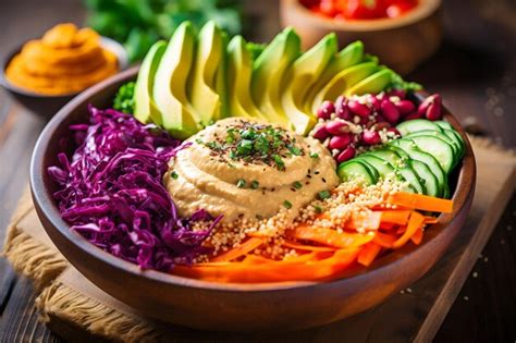 Premium AI Image Colorful Vegan Buddha Bowl With Quinoa And Hummus