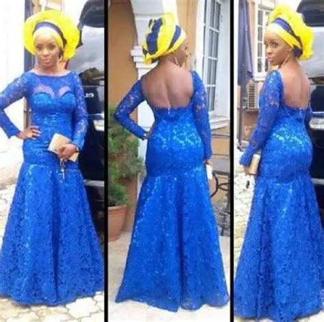 Royal Blue Lace Nigeria Evening Dresses Aso Ebi Style Backless Long