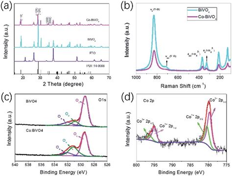 A Xrd Patterns Of Bivo 4 Co Bvo 4 B Raman Spectra Of Pristine