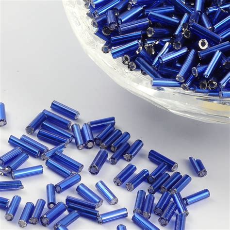 50g Glass Bugle Beads Silver Lined Medium Blue 68x18mm Hole 06mm