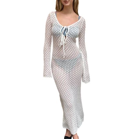 IMISSILLEB Women Knit Bikini Cover Ups Crochet Cutouts Tie Front Long