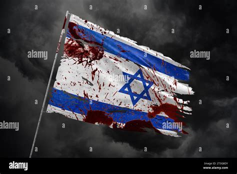 Israel torn flag on dark sky background with blood stains Stock Photo ...