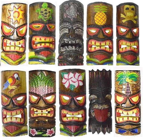 Tiki Mask Set Of 10 Hand Carved Polynesian Hawaiian 12 In Tall Turtle Pineapple Colorful Flower