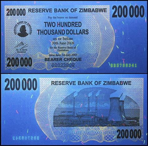 Zimbabwe 200000 Dollars Bearer Cheque 2007 P 49 UNC EBay