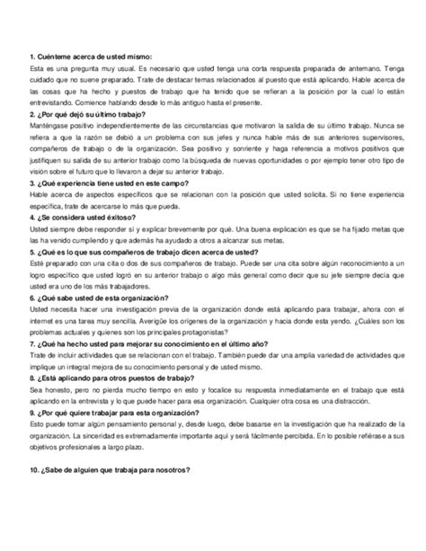 Doc 50 Preguntas Y Respuestas Para Una Entrevista De Trabajo