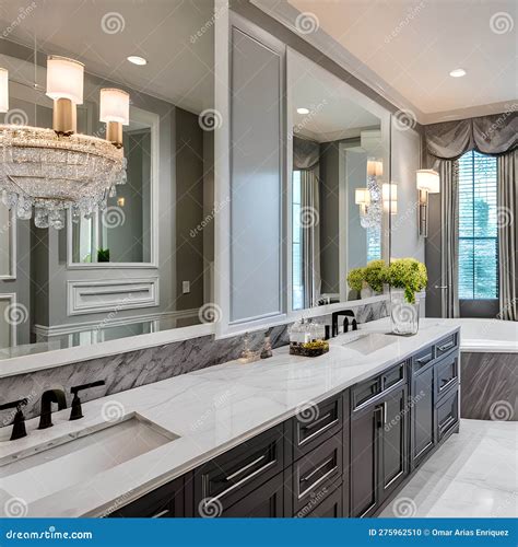 A Luxurious Master Bathroom With A Double Vanity Marble Tile And A