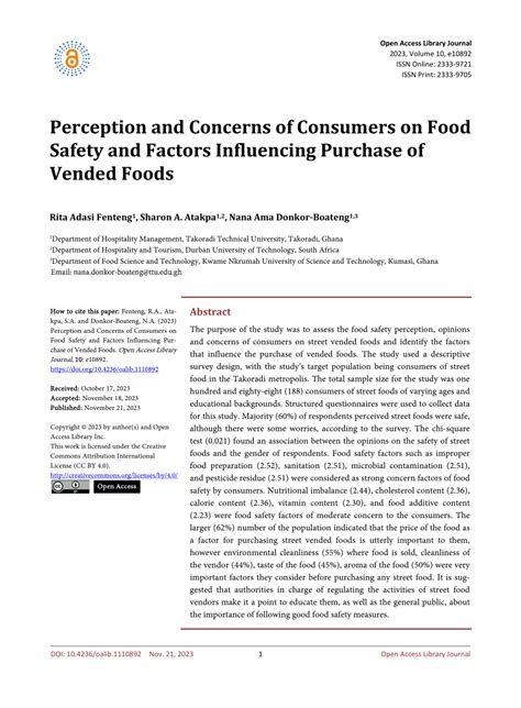 PDF Perception And Concerns Of Consumers On Food Safety And Factors