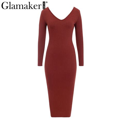 Free Shipping Deep V Neck Elegant Sweater Dress Autumn Long Sleeve