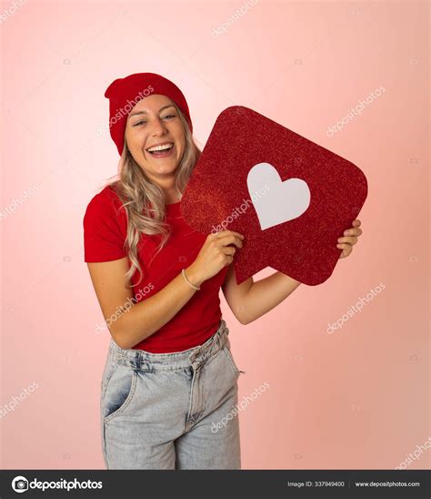 Attractive Woman Holding Heart Symbol Love Social Media Notification