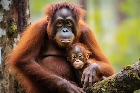 Una Madre Orangut N Y Su Beb Est N Sentados En Un Rbol Foto Premium