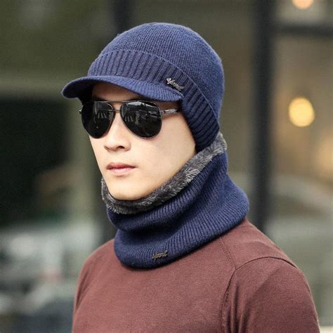 Buy Men Winter Warm Hat Knit Visor Beanie Fleece Lined Billed Beanie