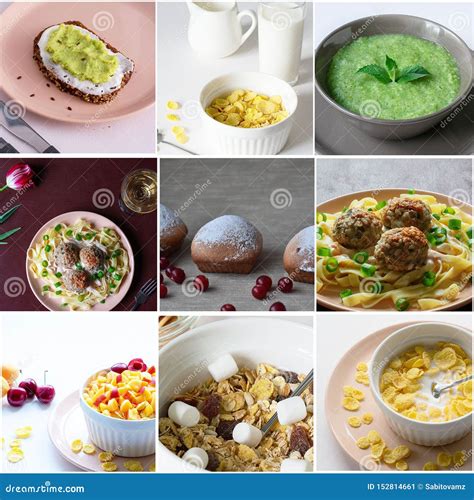 Uma Colagem De Fotos Diferentes Do Alimento Delicioso Imagem De Stock