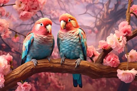 Premium Ai Image Two Large Blue Pink Parrots Sit On A Branch Of