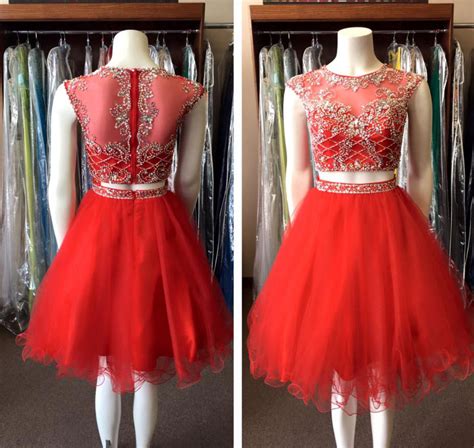 A155 Sparkly Beaded Homecoming Dresses Two Piece Homecoming Dresses Red