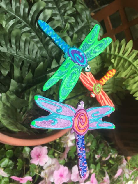 3 Ceramic Dragonfly Garden Stakes, Garden Stakes,Potted plants, Great Gift,Lawn decor,Outdoor ...