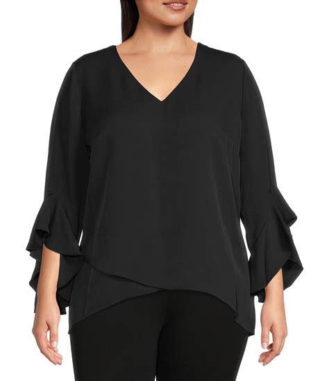 Vince Camuto Plus Size Luxe Crepe De Chine 3 4 Ruffle Sleeve V Neck Crisscross Hem Tunic Dillard S