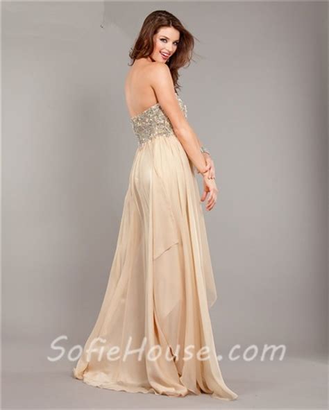 Flowing Strapless Empire Waist Long Champagne Chiffon Beaded Prom Dress