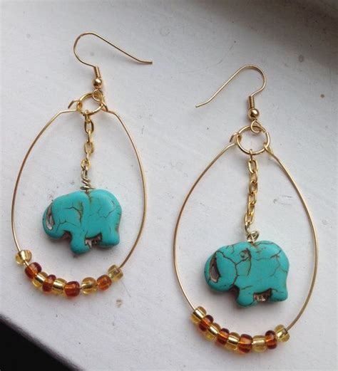 Turquoise Elephant Earrings Drop Hoop Earrings W Elephant Charm And Mini Bead Accents Asian