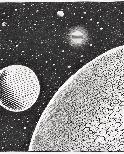 Dibujo En Blanco Y Negro De Mc Escher De La Superficie De Un Planeta Extraterrestre Y Una Luna