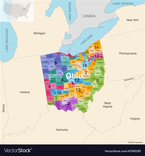 Ohio State Counties Colored By Congressional Vector Image