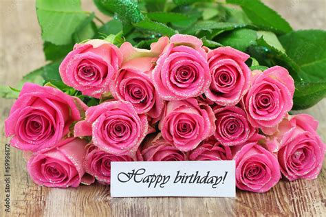 Happy birthday card with bouquet of pink roses Stock Photo | Adobe Stock