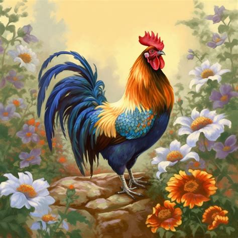 A Painting Of A Rooster Standing On Top Of A Rock Surrounded By Wildflowers