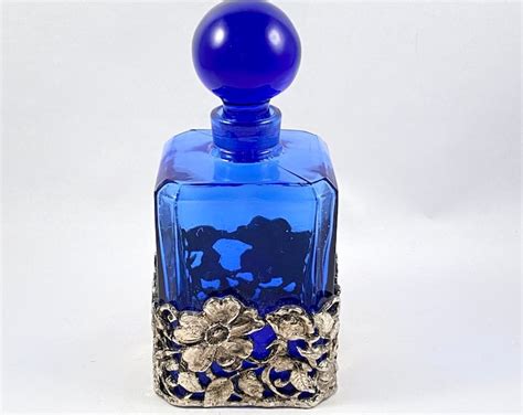 Vintage Cobalt Glass Perfume Bottle Silver Floral Overlay Flower Filigree Over Blue Molded