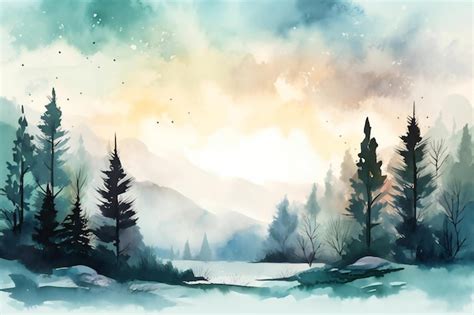 Premium Photo | A watercolor painting of a snowy landscape with a snowy ...